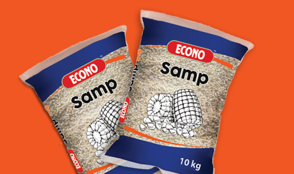Two bags of ECONO Samp superimposed on an orange background