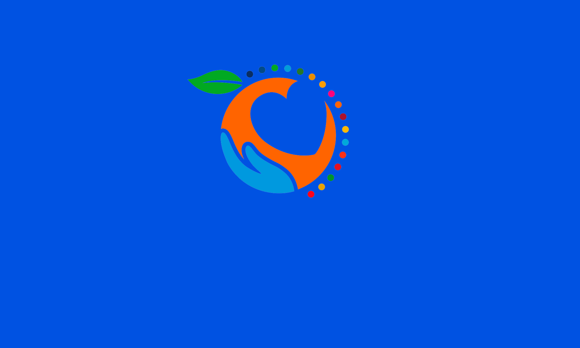 A circular abstract emblem appears centered on a solid blue background. The design combines an orange curved shape with a blue hand-like form, suggesting care or support. A small green leaf extends from the top of the circle, adding an eco or nature element. Multicolored dots arc around one side of the emblem, giving a dynamic and modern feel.