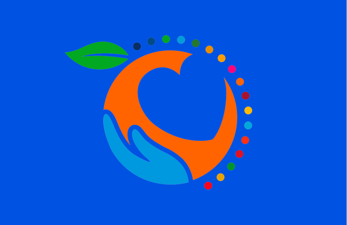 Graphic illustration featuring an abstract orange heart shape embraced by a blue hand. A green leaf extends from the top, suggesting nature and sustainability. Multicolored dots form a semicircle around the design, adding vibrancy and diversity. The artwork is set against a solid bright blue background for strong visual contrast.