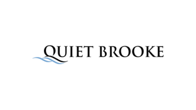 The image features the words 'QUIET BROOKE' in bold, elegant black font. A stylized blue wave graphic appears beneath the letter Q.