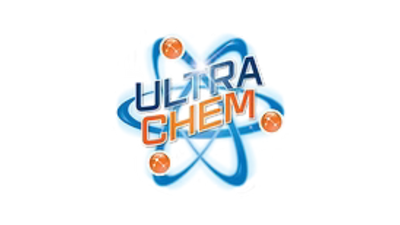 The image features the unmistakable text 'ULTRA CHEM' in bold blue and orange letters. Surrounding the text is a stylized atomic structure with blue orbits and orange spheres.