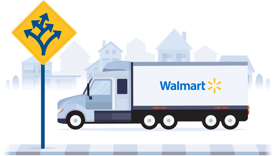 Graphic image of a Walmart truck with a sign pointing in many directions. Image graphique d'un camion Walmart avec un panneau pointant dans plusieurs directions.
